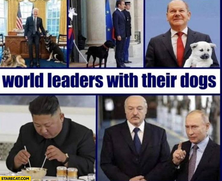 World leaders with their dogs Kim Jong Un eating his, Lukashenko is Putin’s dog