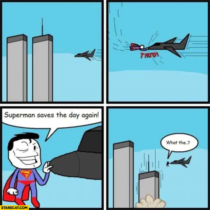 World trade center 9/11 Superman saves the day again the towers collapse anyway comic