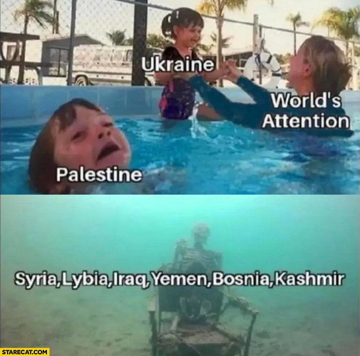 World’s attention on Ukraine, Palestine kid drowning, Syria Lybia, Iraq, Yemen, Bosnia, Kashmir under water