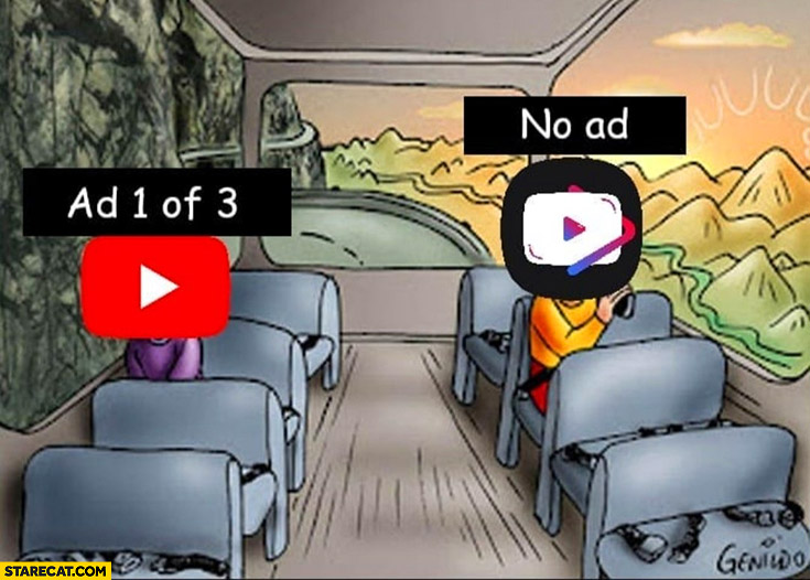 Youtube ad 1 of 3 vs Youtube vanced no ads