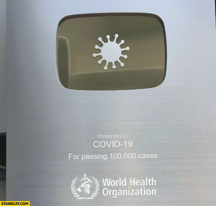 YouTube award for corona virus covid-19 for passing 100 thousand cases who