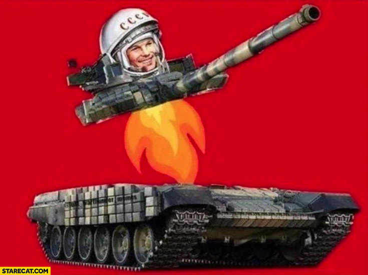 Yuri Gagarin flying away in russian tank turret