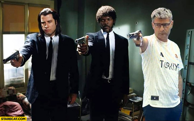 Yusuf Dekic Turkish olympics shooter in Paris Pulp Fiction scene photoshopped