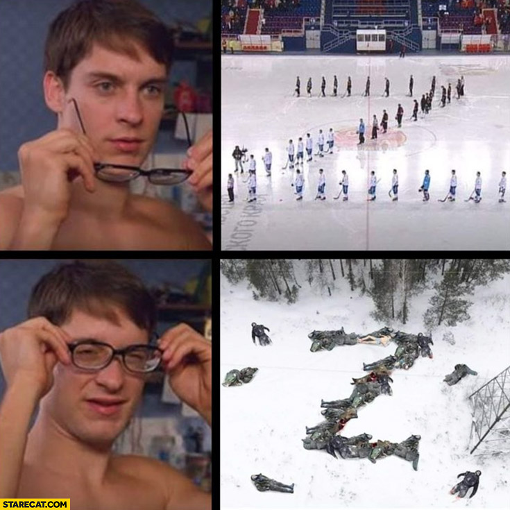 Z symbol olimpic games dead bodies Russia Ukraine war putting glasses on