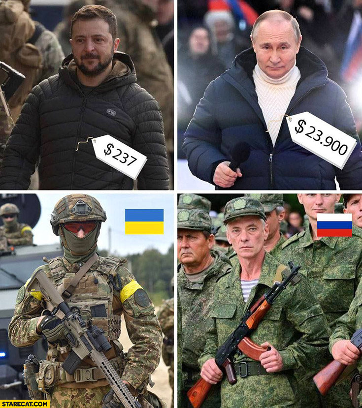 Zelensky cheap jacket well equipped army vs Putin expensive jacket poorly equipped army