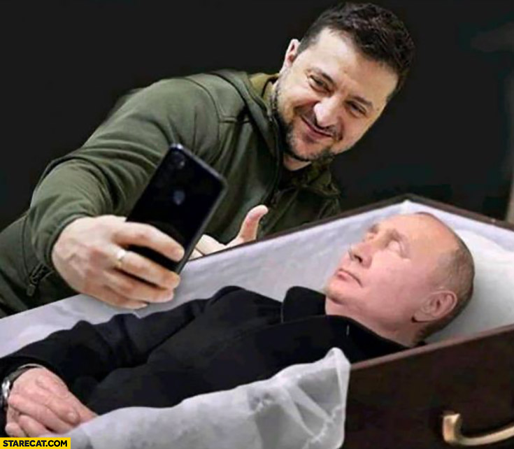 Zelensky taking a selfie with dead Putin in coffin